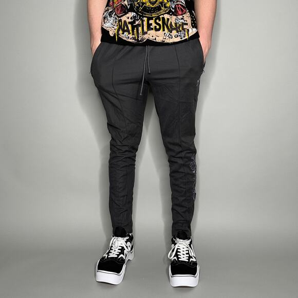 Adidas Joggers Dark Grey Polyester Violet Purple Embroidered Flowers Artwork - Picture 2 of 4